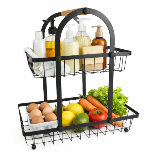 Fruteira de Metal Dupla Preta Organizador de Cozinha