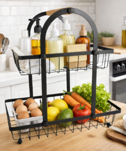 Fruteira de Metal Dupla Preta Organizador de Cozinha