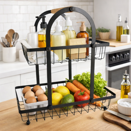 Fruteira de Metal Dupla Preta Organizador de Cozinha