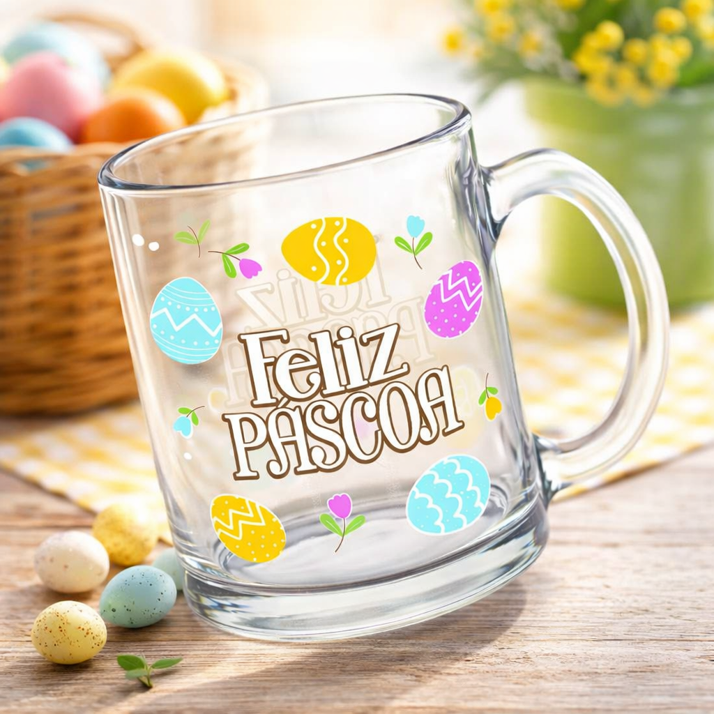 Caneca de Vidro 320ml Estampa Ovos de Páscoa Presente Criativo