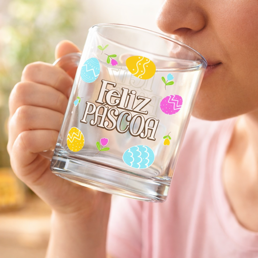 Caneca de Vidro 320ml Estampa Ovos de Páscoa Presente Criativo