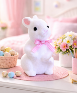 Coelho Decorativo de Páscoa Branco com Detalhe em Laço Rosa