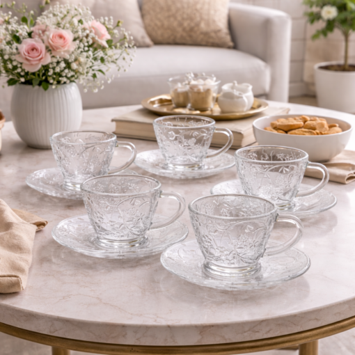 Jogo Xícara Café 80ml Vidro Fleur com Pires Elegante