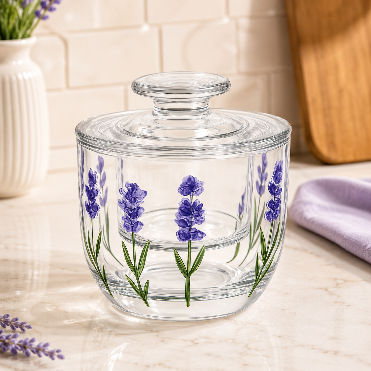 Manteigueira Francesa Lavanda Cristal Hand Painting