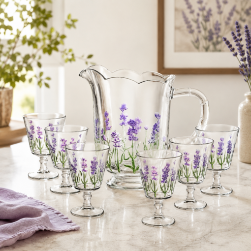 Conjunto Jarra Lavanda Com 6 Taças Lyor 1,5L E 240ml Cristal Ecológico