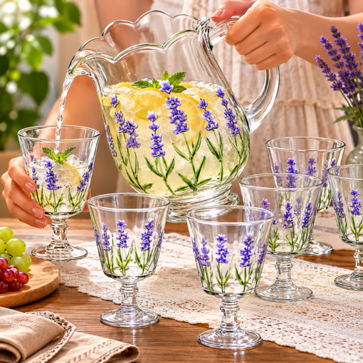 Conjunto Jarra Lavanda Com 6 Taças Lyor 1,5L E 240ml Cristal Ecológico