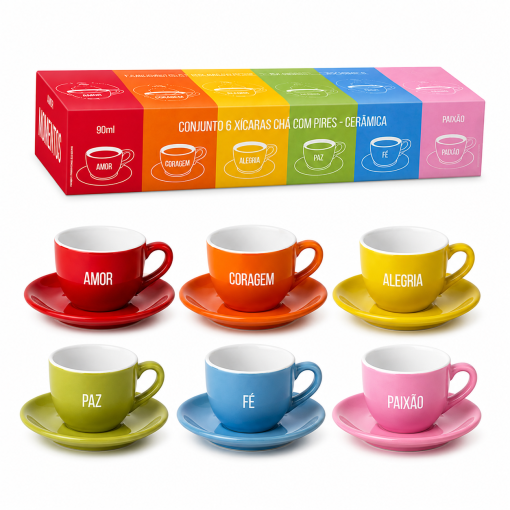 Jogo 6 Xícaras de Café com Pires Cerâmica 90ml